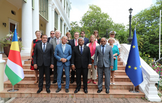 Participants of the Seychelles-EU Political Dialogue 2022 pays a courtesy call on President Ramkalawan
